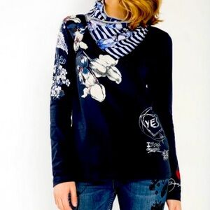 Boho-Chic DESIGUAL Long Sleeve Top – Artsy with Attached Scarf – Size S